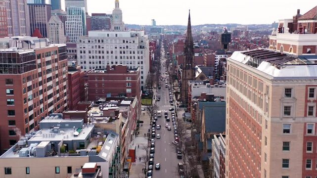 Aerial Flying Down Newbury Street in Boston
