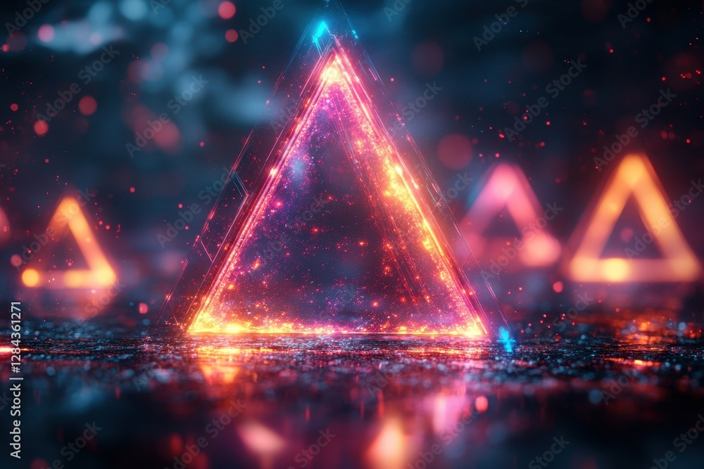 Poster colorful glowing triangles create an abstract visual display in a dark environment