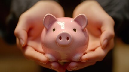 A close-up of a hand holding a pink piggy bank, symbolizing financial planning and saving.