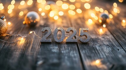 A simple yet captivating new years setting with shiny silver 2025 numbers resting on dark wooden planks surrounded by softly glowing fairy lights that enhance the peaceful celebratory mood