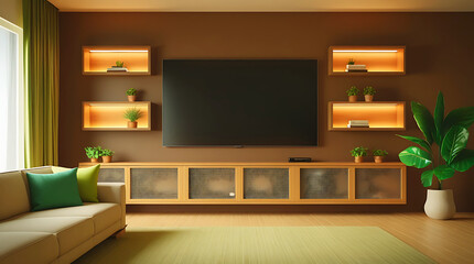 Modern Minimalist Living Room Interior With Television Set, Sofa,Green Plants, A vase with dried flowers.Elegant and Modern Living Room Design Ideas.
