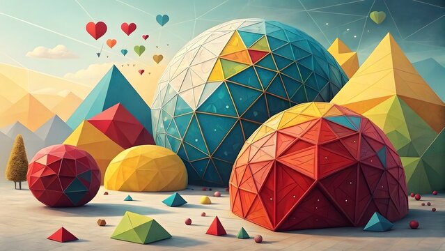 Geometric Landscape with Hot Air Balloons