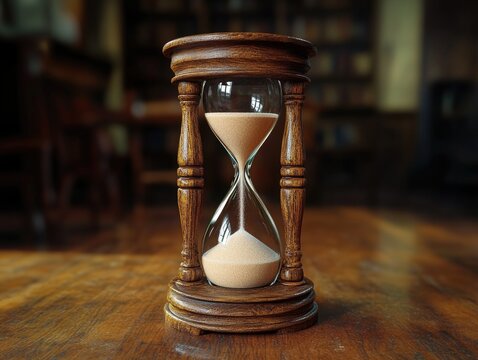 Classic wooden hourglass with a wooden frame and sand for timekeeping.