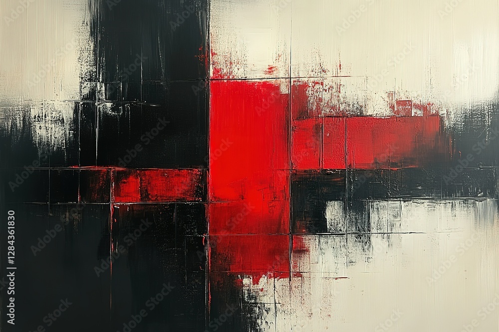 Poster abstract expressionist composition bold lines intersect with vibrant red black and white on textured
