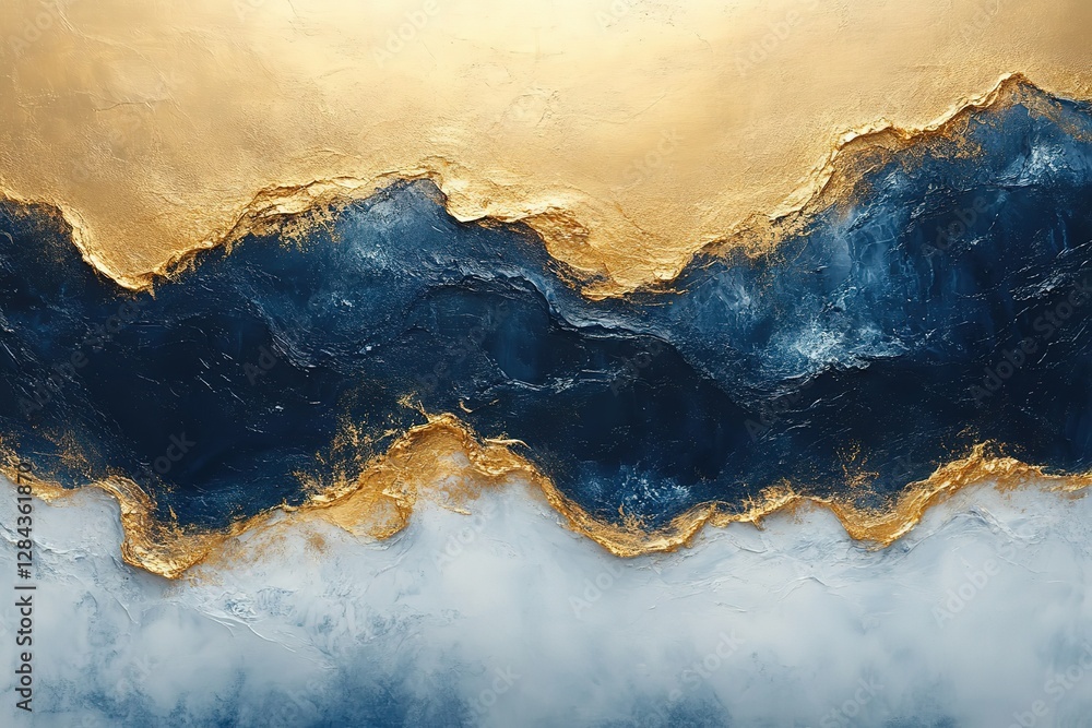 Poster abstract textured painting featuring contrasting layers of gold navy and white creating a dynamic vi