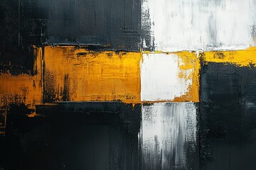 Abstract color block painting featuring dynamic interplay of black white and yellow textures A statement piece for modern decor