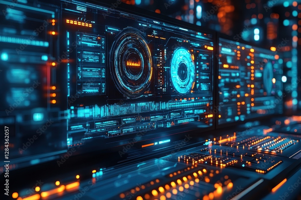 Poster technological interface displaying vibrant data visualizations with glowing elements at a futuristic
