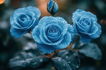 A trio of blue roses adorned with glistening water droplets against a muted backdrop Floral elegance in a unique hue