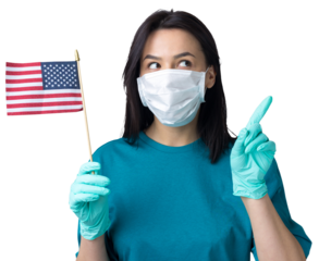 A girl in a medical mask and gloves holds an American flag in her hands. Coronavirus concept. Protect your health. .Stop the threat of a pandemic.