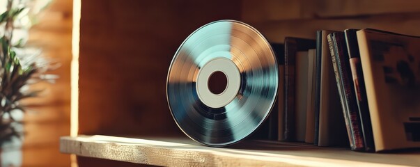 Vintage compact disc on wooden shelf with books and warm lighting