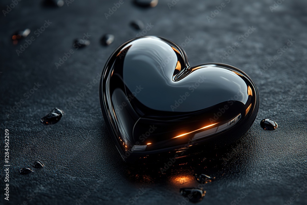 Poster glossy heart shape on textured surface reflective and dark it evokes feelings of depth and mystery w