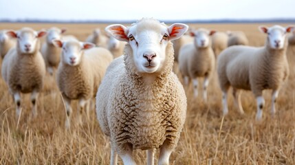 Obraz premium Curious sheep standing in golden grass under clear sky on farm showcasing rural life and nature's beauty : Generative AI