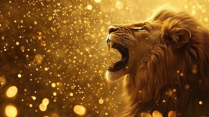 The golden sunrise awakens the African savanna where a majestic lion roars, against a sparkling bokeh background