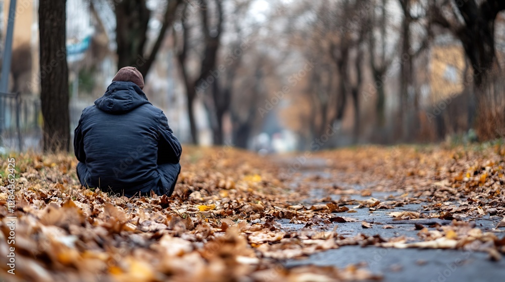 Aufkleber solitary man sitting on a leafstrewn path evoking feelings of solitude and reflection in autumn : ge