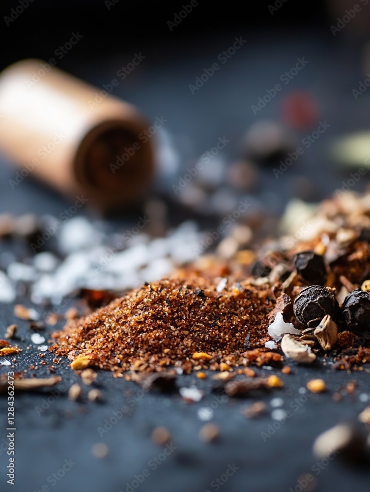 Aufkleber close up view of vibrant spices on a dark surface showcasing culinary flavor and texture : generativ