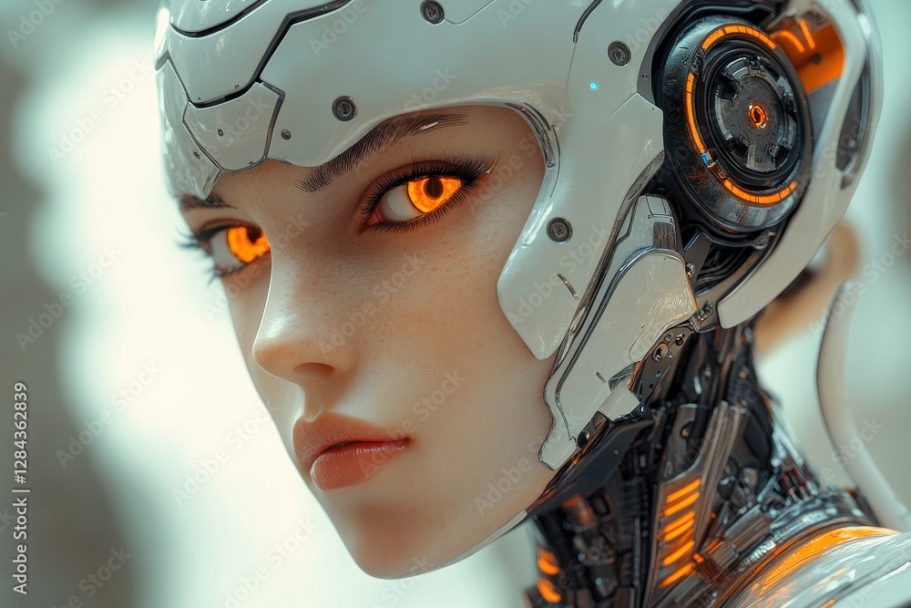 Poster futuristic android with bright orange eyes and intricate mechanical features in a high-tech setting