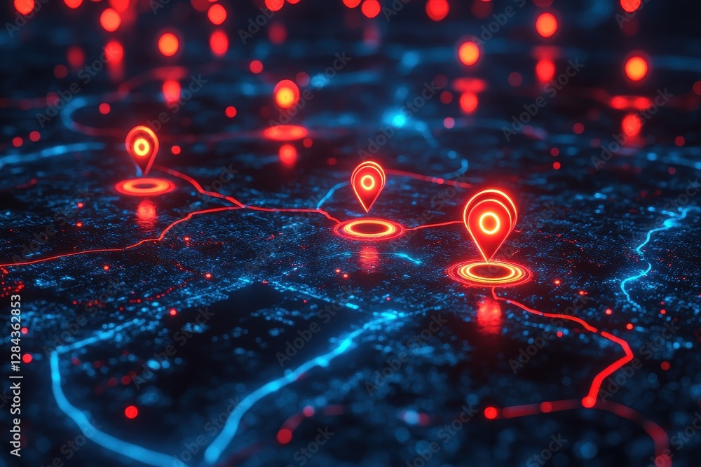Poster high-tech urban map with glowing red location markers highlighting routes and points of interest