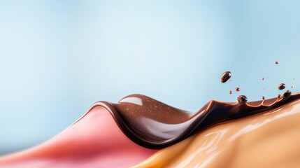Close-up of flowing melted chocolate caramel and strawberry cream splashes against blurred blue background
