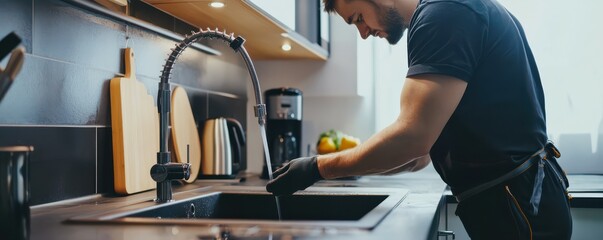 Young caucasian male washing dishes in modern kitchen with gloves