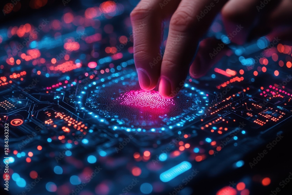 Poster exploring digital technology with a hand interacting on a futuristic circuit board display