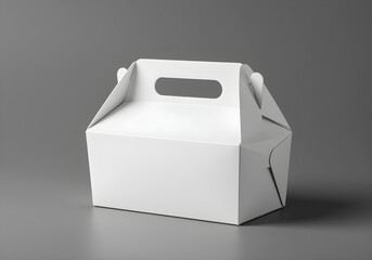 Blank white pastry box with handle mockup on grey background. Empty cardboard container for take-away food. Modern design for bakery, food delivery. Ideal for product presentation, packaging design.