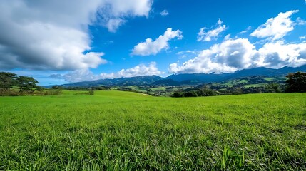 Breathtaking panoramic view of lush green hills under a bright blue sky with fluffy clouds : Generative AI