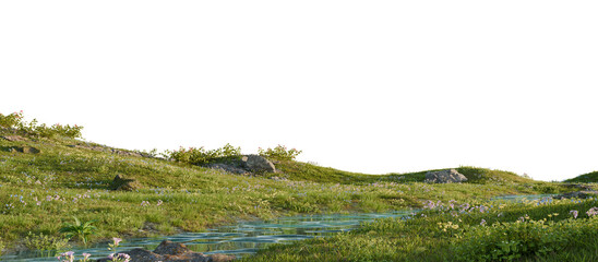 Scenic meadow stream with wildflowers. 3D rendering.	
