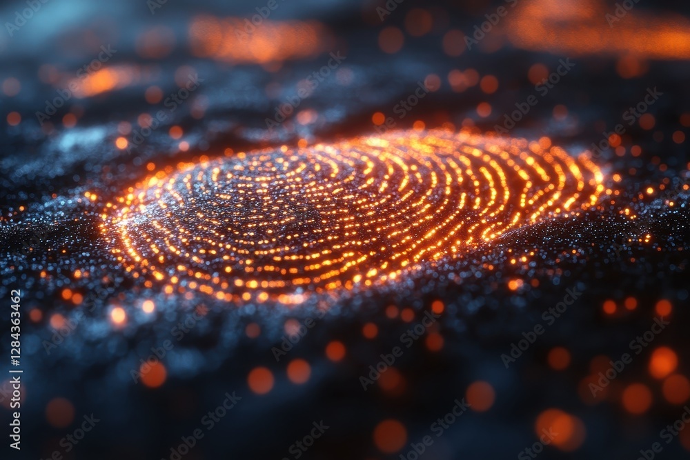 Poster glowing fingerprint pattern created with luminous particles on a dark background showcasing digital 