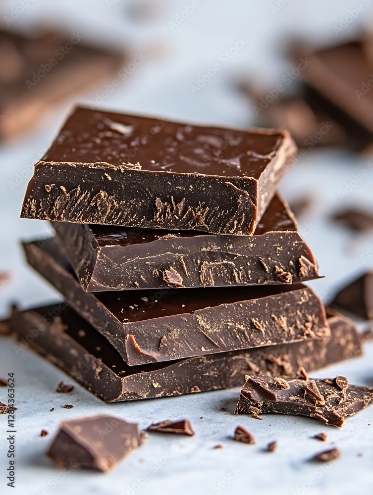 Aufkleber stack of rich dark chocolate bars on light surface with cocoa crumbles : generative ai