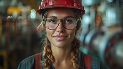 Young Caucasian female engineer wearing red safety helmet and glasses with braided hair smiling confidently in industrial environment with bokeh background. Professional workplace portrait.