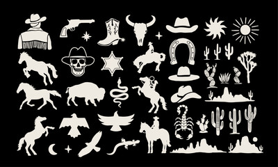 Vector set contains 45 Western-themed icons, including cowboys, horses, desert landscapes, cacti,, skulls, boots, and stars.