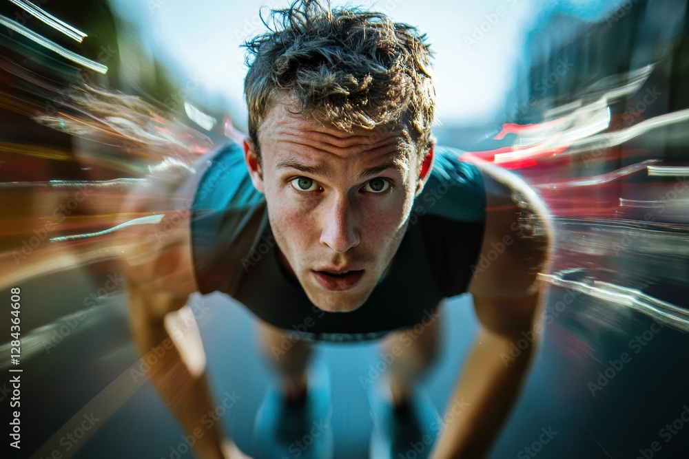 Aufkleber runner prepares at the start line looking exhausted, then appears vigorous crossing finish line with