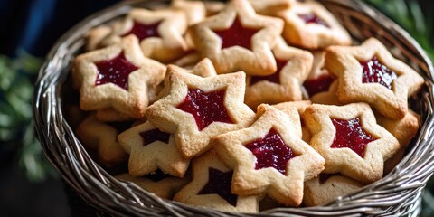 Homemade cookies with cream filling in a rustic wicker basket.