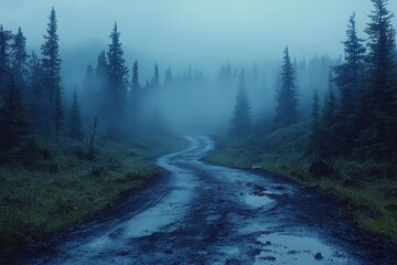 Misty forest road winding through tall pine trees in early morning light