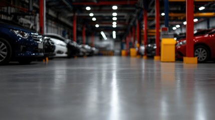 Auto repair shop interior, cars in service bay, floor reflection, industrial background