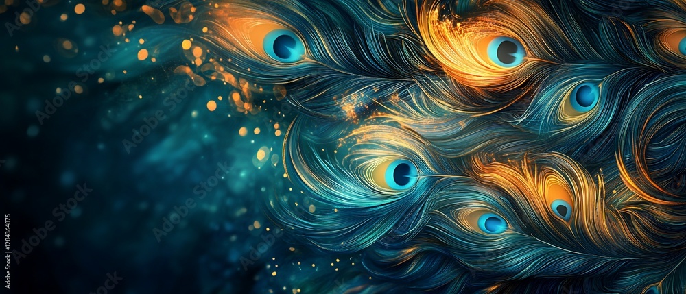 Poster peacock feathers on dark background with bokeh, for design, patterns, or textures