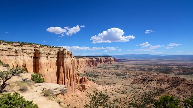 Stunning view of rugged cliffs and vast desert landscape under a vivid blue sky with clouds : Generative AI