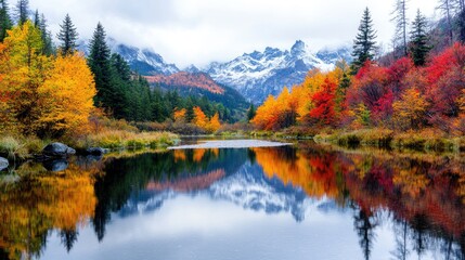 Fototapeta premium Autumnal mountain lake reflection, scenic fall landscape, postcard