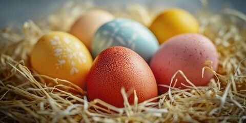 Fototapeta premium A basket filled with assorted colorful Easter eggs.