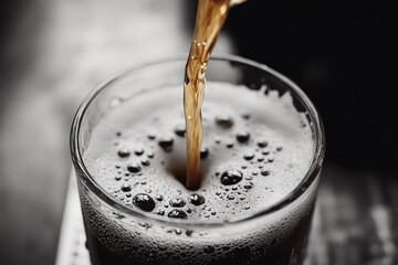 A refreshing beer being poured into a glass, with visible bubbles from the carbonation and a frothy head on top. This could be served at a bar or in a pub setting.