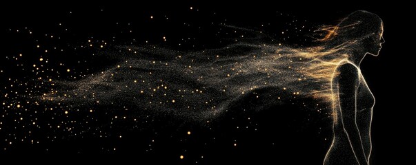 Abstract silhouette of a woman with flowing particles against a dark background