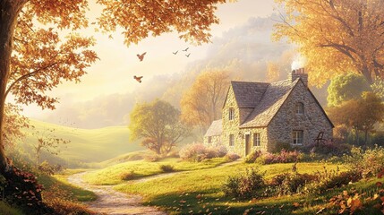 Rural serene scene with foggy morning illumination and a stone cabin