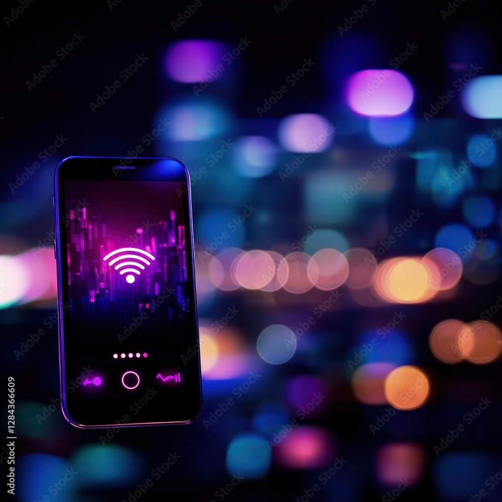 Poster vibrant smartphone displaying wifi signal over colorful bokeh background at night