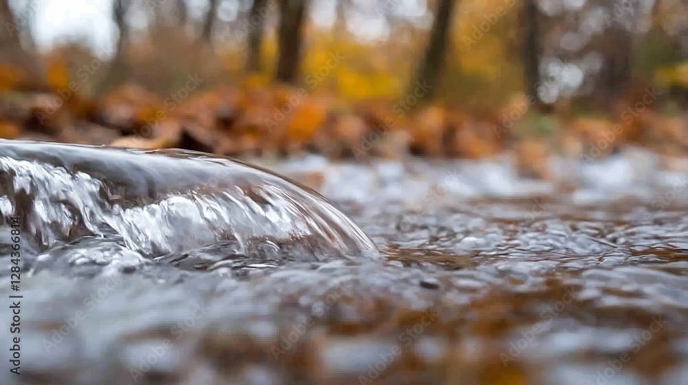 Poster closeup view of crystal clear water flowing over colorful autumn leaves in a forest : generative ai