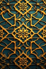 A piece of art deco wall decor with a golden filigree design. The intricate geometric pattern features a sunburst at the center.