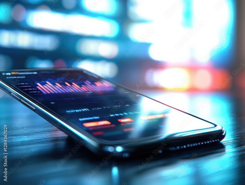 Poster smartphone displaying data analytics and financial market trends in modern office setting