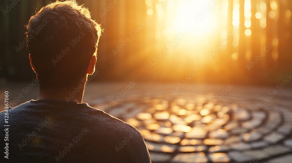 Poster silhouette of a man contemplating life as the sun sets behind him in a serene environment : generati