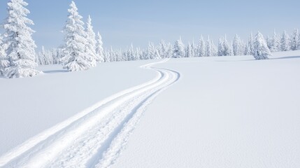 Obraz premium Snowy path winding through frosted trees in winter wonderland