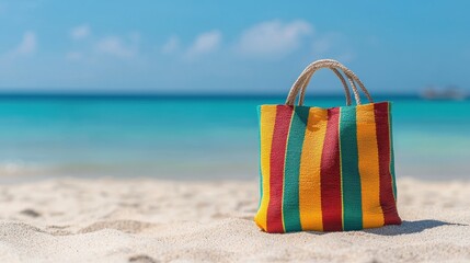 A colorful beach bag sits on sandy shores with a bright blue ocean in the background, perfect for summer outings and vacations.