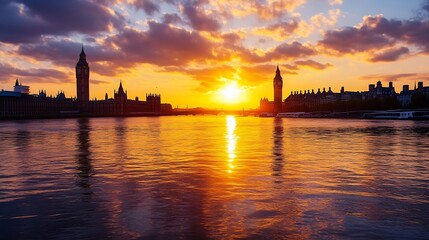 Fototapeta premium Stunning sunset view over the River Thames with silhouetted landmarks and colorful sky : Generative AI